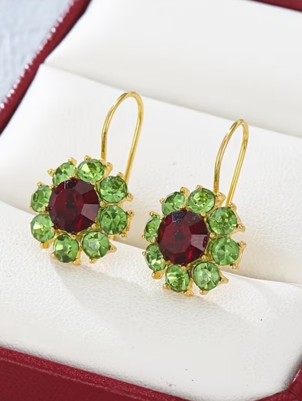 NEW! 14K Gold Plated Floral Earrings with Red Center and Green Halo Gemstones
